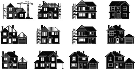Obraz premium House construction stages silhouette collection with residential homes, scaffolding and crane, building process architecture icons set for real estate and development