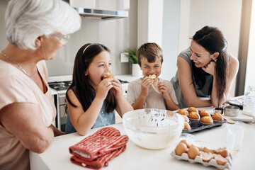 Grandma, mother and children with muffins in kitchen for taste test, love and bonding with baking...