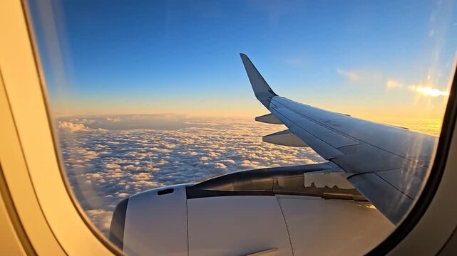 Airplane wing soaring above f clouds during a beautiful golden hour sunset