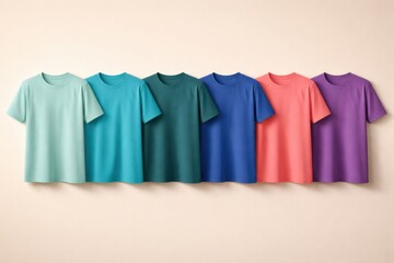Row of six colorful plain t-shirts neatly arranged on a light background