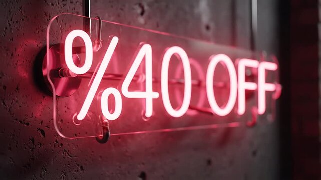 Bright Neon Sign Displays Forty Percent Off Sale Announcement.