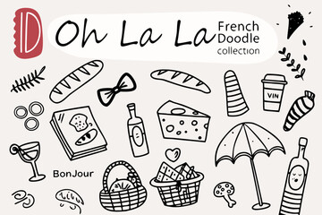 Charming french doodles pastries wine and picnic items illustrated © ChandanaRani