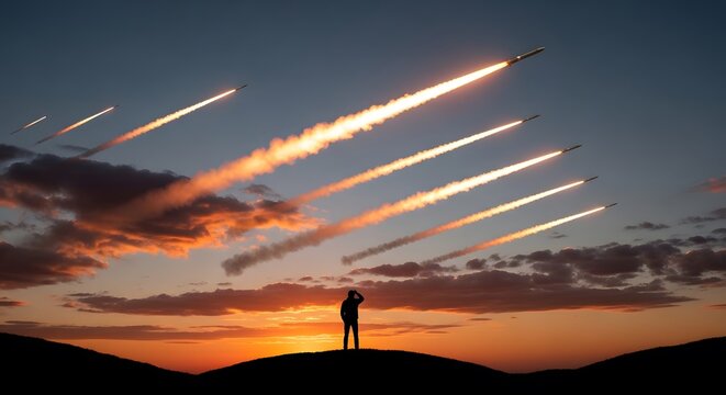 The silhouette of a man on a hilltop watches as several ballistic missiles are launched for war in the twilight sky.