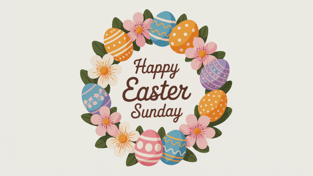 Colorful easter sunday greeting with floral wreath and decorated eggs on white background