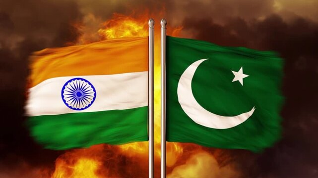 India Pakistan national flags facing each other geopolitical tension concept, Indian tricolor and Pakistani crescent star flag against dramatic conflict background, international relations rivalry sym