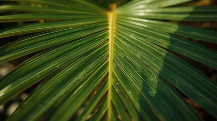 Fototapeta premium Palm Leaf Close-Up with Sunlight and Shadow.