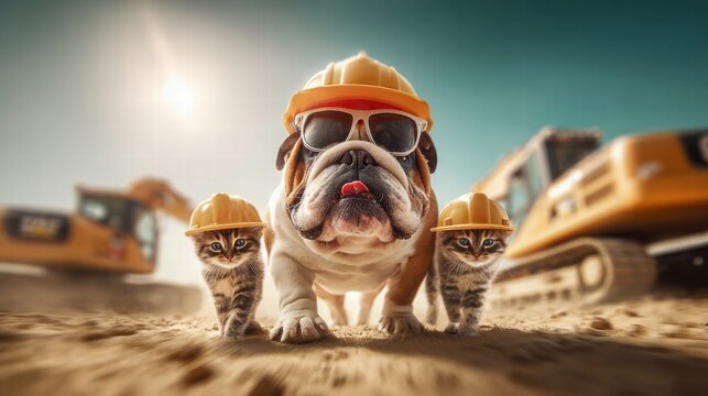 Bulldog and kittens as construction workers