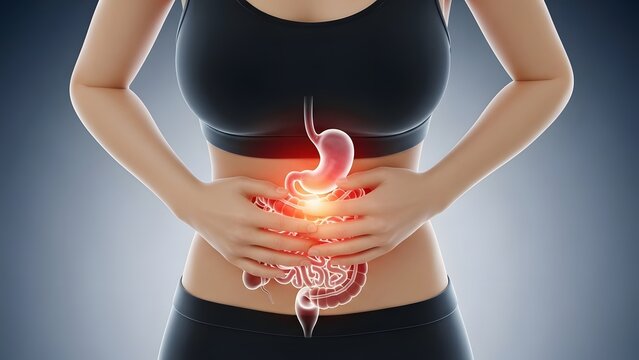Gastritis and irritable bowel syndrome symptoms. Digestive health and stomach discomfort. Woman holding her stomach with transparent anatomy showing glowing intestinal tract