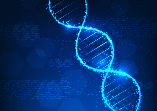 Abstract glowing blue digital DNA helix structure with binary code elements on a dark blue background