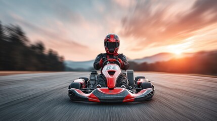 Go-kart racer speeding down the track at sunset, motion blur