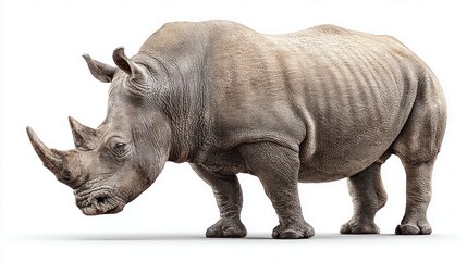 Obraz premium Majestic rhinoceros isolated on white background, showcasing its impressive size