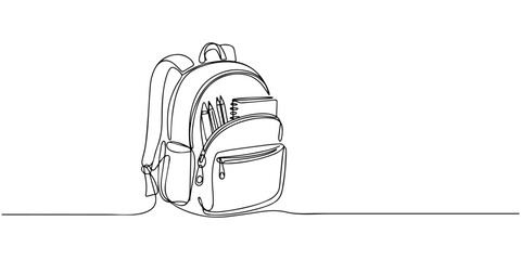continuous one line drawing Minimalist line art of backpack with front pocket and zippered compartments. Non editable stroke. School backpack with zippers open © JCS Graphic Design 