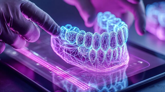 Dental technology concept with a digital teeth model on a tablet.