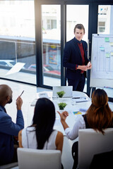 Fototapeta na wymiar Whiteboard, report and man with business people in meeting for planning, discussion and training. Project management, collaboration and employee team for feedback, research and graphs communication