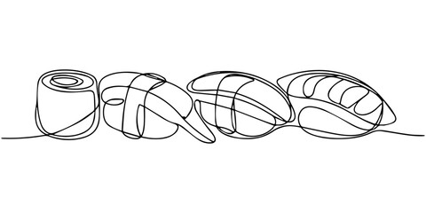 Continuous one line drawing of sushi rolls. Japanese food restaurant menu. Simple vector illustration © JCS Graphic Design 