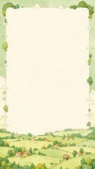 Naklejka premium 田園風景 フレーム 水彩イラスト 牧歌的な村と丘のナチュラル背景素材