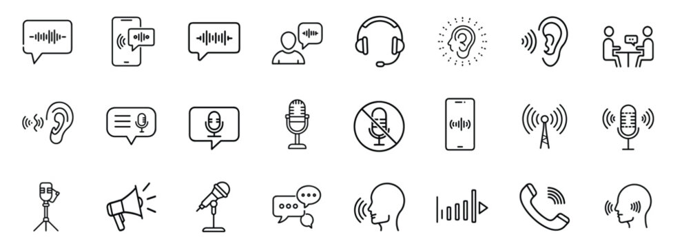 Voice and audio line icon set with microphone speech bubble, sound wave signal, headset call center, human ear hearing, phone communication more vector illustration or editable stroke.