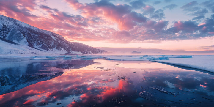 Serene snowy landscape with majestic mountains at sunset