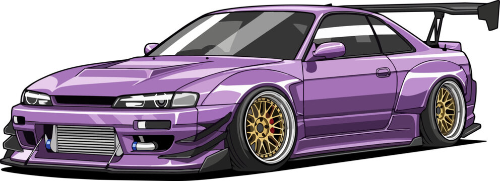 A sleek, purple sports car with gold rims and a spoiler is viewed from the front at an angle on a white background