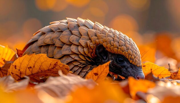 Scaled anteater (pangolin) amidst vibrant fall foliage, nestled among orange leaves in soft sunlight