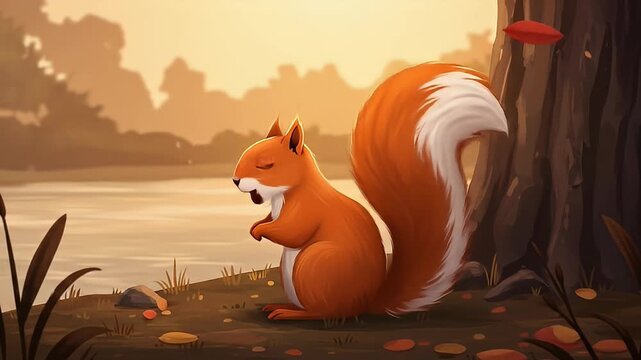 Cartoon-styled squirrel stands near water under a golden sunset sky with falling leaves