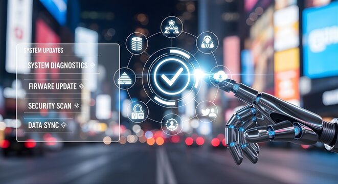 Mechanical robotic hand touching glowing check mark icon on digital system updates interface with city bokeh background showing system diagnostics firmware update security scan and data sync options