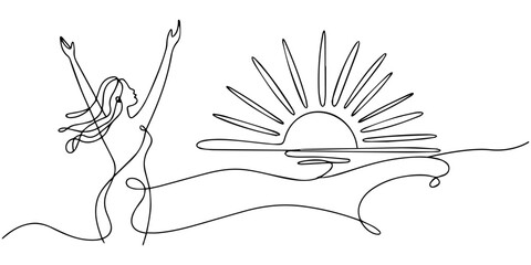continuous one line drawing Vector line art of woman with arms raised at sunrise © SHANTO