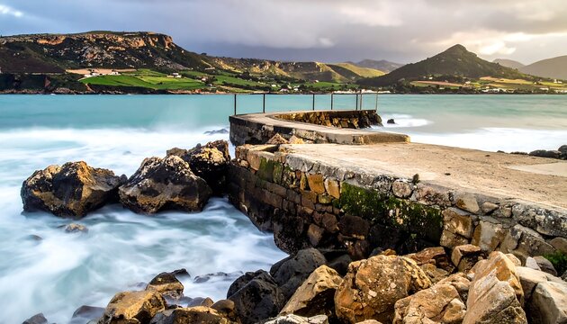 Seashore view of an old stone pier extending into blue water with a land mass in the background under a cloudy sky