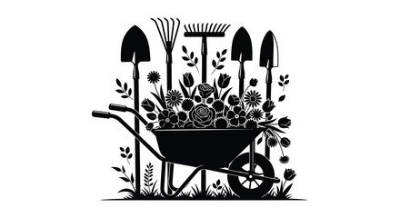 A decorative black silhouette of gardening tools flowers and a wheelbarrow against a white background silhouette high quality