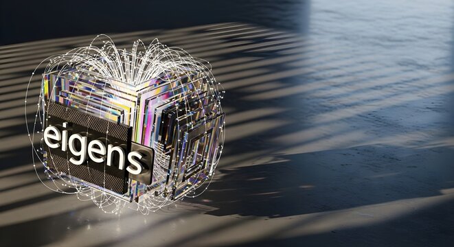 Abstract iridescent cube with 'eigens' text and glowing data lines, representing technology and data.