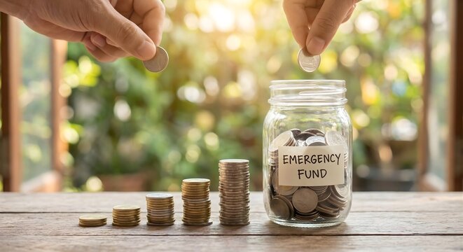 Hands placing coins into a jar labeled 'Emergency Fund' next to stacks of coins symbolizing savings growth, on a rustic wooden table with a blurred natural background