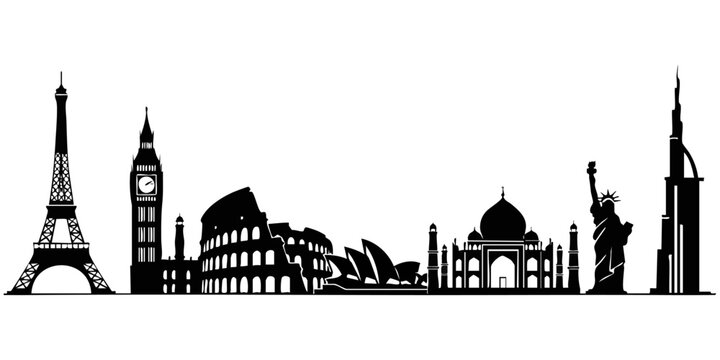 World Wonders Skyline Silhouette: Eiffel Tower, Big Ben, Colosseum, Taj Mahal, and Statue of Liberty Icons