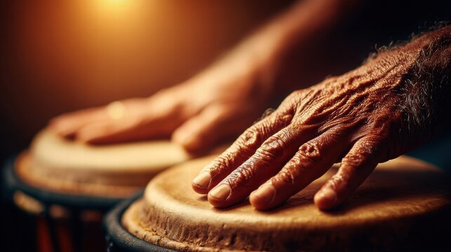 Hands playing conga drums with a warm, golden light illuminating the scene.