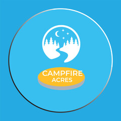 Campfire Acres Logo Template: Night Forest with Crescent Moon, River, and Pine Trees in Blue Circle"