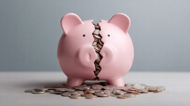 Broken piggy bank with coins spilling out, symbolizing financial loss.