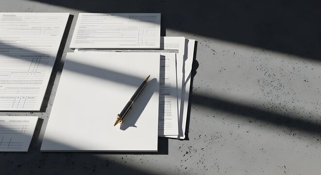 Professional overhead view of blank documents and a pen on a modern concrete desk with dynamic shadows.