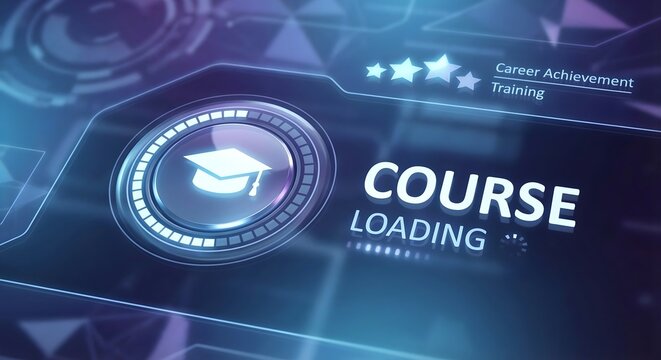 Futuristic electronic learning interface showing course loading progress bar with graduation cap icon and career achievement training statistics on glowing blue digital background for modern education