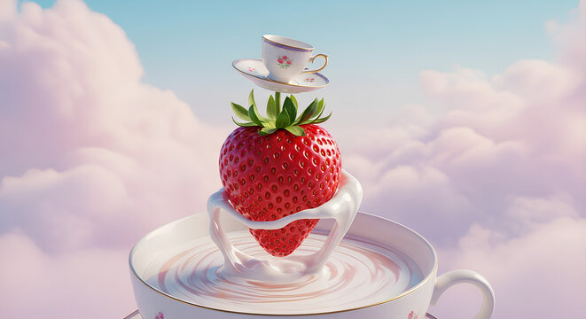 A Surreal Strawberry Dessert with a Tiny Teacup in a Dreamy Sky.