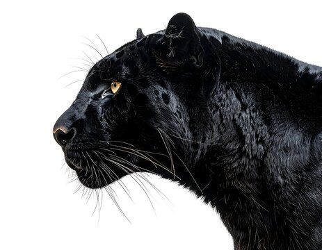 Sleek, black panther profile, against a stark white background, highlighting its muscular form and focused gaze