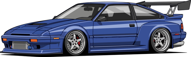 A high-performance blue sports car with a large rear spoiler and custom rims parked on a plain surface from a side view © Faisal