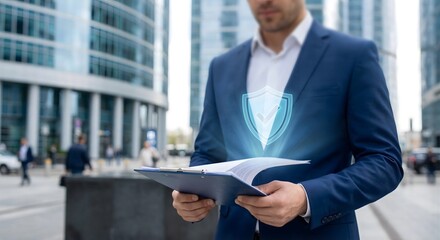 Fototapeta premium Confident businessman in dark blue suit holding clipboard with glowing security shield and checkmark, symbolizing cyber protection and verified data safety against modern city backdrop