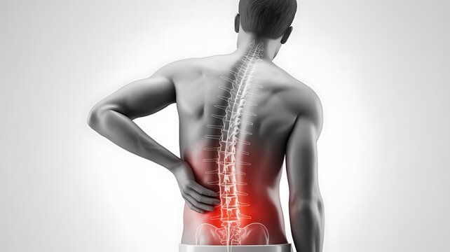 A detailed medical illustration featuring a male figure suffering from acute lower back pain, highlighting the spinal column and lumbar region