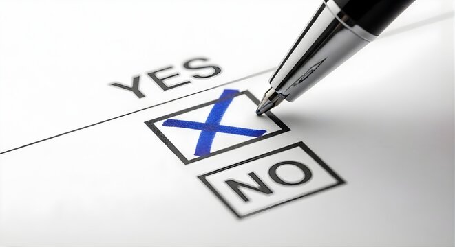 Checkbox with blue x for yes, voting for decision and choice, marking agreement or approval on paper ballot, concept of confirmation and selection.