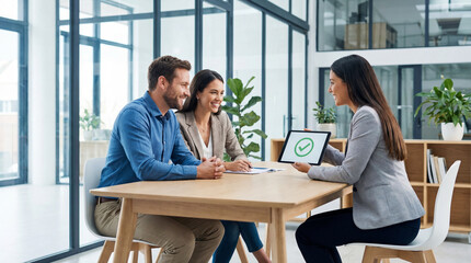 Fototapeta premium Consultant shows approval badge on tablet. Clients review approval status, discuss contract, loan confirmation, business onboarding, trust concept, marketing banner, corporate communication