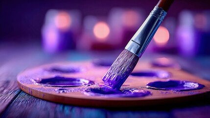 Artistic brush dipping into vibrant purple paint on a wooden palette.