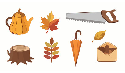 Cute autumn elements set with gourd teapot leaves saw stump umbrella and acorn envelope vector illustration © abdul