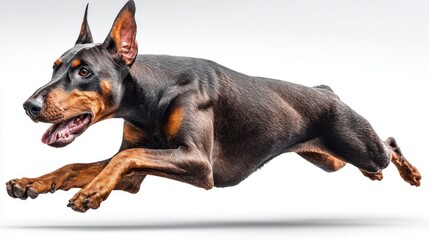 Doberman pinscher in mid-air, showcasing athleticism and grace against a white backdrop