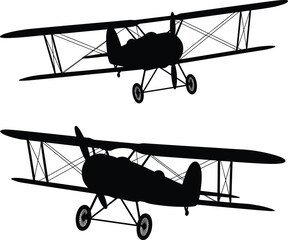 Vintage biplane airplane silhouette set featuring classic propeller aircraft flying in retro aviation style isolated vector illustration for historical aviation transport and flight design © Mostofa Expressive