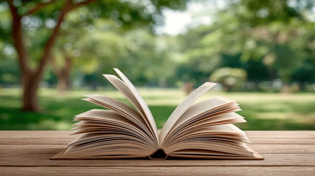 Open book on a wooden table with a blurred park background
