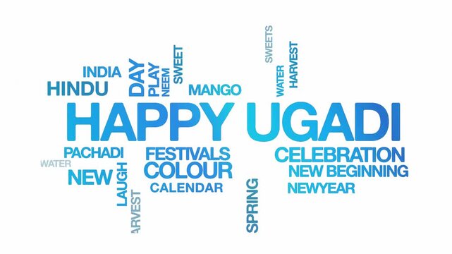 Happy ugadi concept Animated Tag Word Cloud kinetic typography, Text Design Animation typography seamless loop video motion graphics Intro Wordart festive skyblue type on white background bg backdrop 
